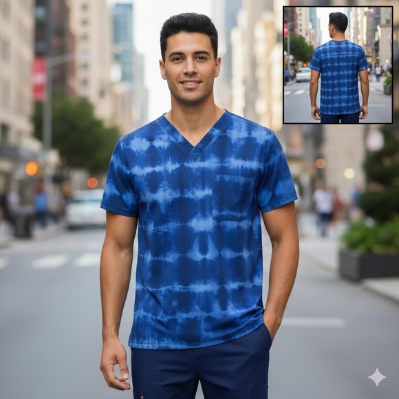 Dickies Other - Dickies Mens XL Tie Dye V Neck Scrub Top Short Sleeve Pocket Zipper Blue